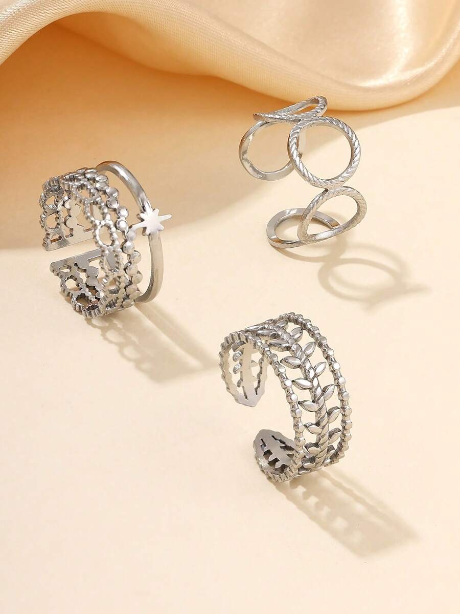 3 piezas Anillos de moda ajustables de acero inoxidable con tono dorado, adecuados para decoración diaria o como regalo - Plateado - Ver 1