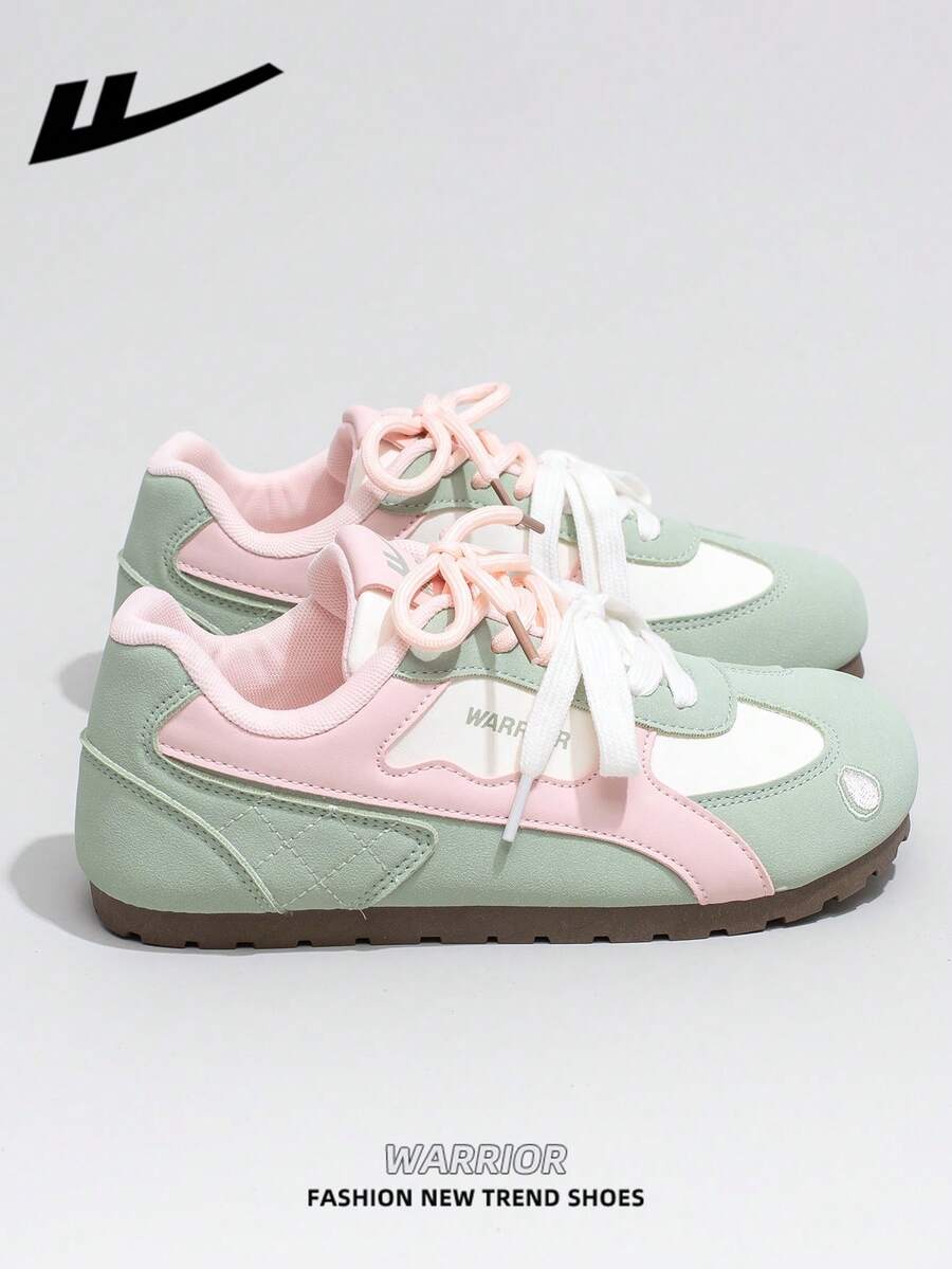 1 Pair WARRIOR Women's Thick Sole Lace-Up Soft Bottom Casual Shoes, Low-Top Outdoor Flat Shoes, Round Toe Low Heel Non-Slip Solid Color Elegant Soft Bottom Hiking Shoes, Suitable For Students, Graduation Photos, Flat Shoes, Low-Top Leather Sports Skateboard Shoes