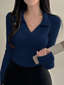 Camiseta De Punto De Costilla De Color Sólido Para Mujer - Azul - Ver 7
