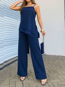 EMILI LULU RUN2 Women's Set Fernanda Asymmetrical Blouse And White Wide Leg Pants - Navy Blue - View 1