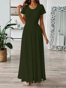 Vestido largo casual para mujer detalle fruncido elástico holgado cuello redondo manga corta primavera verano hogar playa - Verde militar - Ver 1