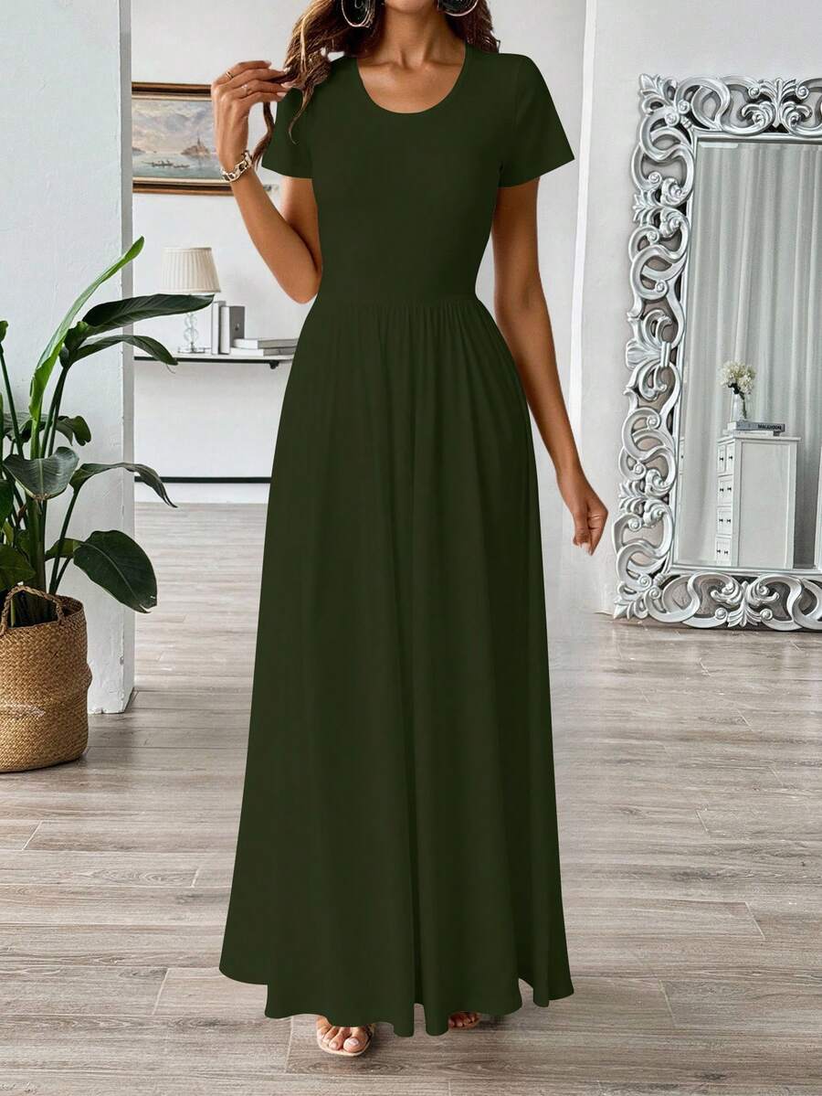 Vestido largo casual para mujer detalle fruncido elástico holgado cuello redondo manga corta primavera verano hogar playa - Verde militar - Ver 1