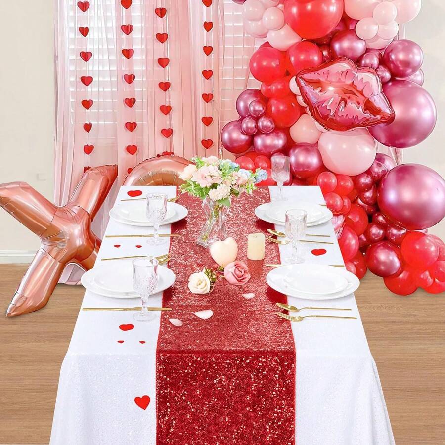 2 buah Taplak Meja Merah Mengkilap Ukuran 12" x 108", Cocok untuk Pernikahan, Pesta, Ulang Tahun, Pameran, Natal, Dekorasi Meja Hidangan Penutup - MultiWarna - View 1