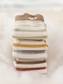 6 Pares de Meias de Bebê Antiderrapantes para Engatinhar, Estampa Aleatória de Urso Fofo Listrado, Bottom Macio, Adequado para Uso Diário