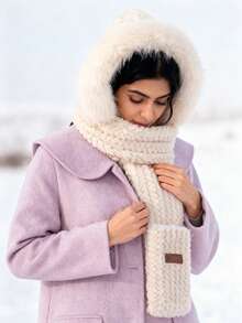 1Pc Women's Winter Warm Plush Hood, Scarf And Gloves Set, Winter Warm Scarf And Beanie Hat Set, Soft And Thick Warm Lining, Ear Protection, Striped Craft Beanie Hat, Foldable Design, Cross Neck Warm Hat, Solid Cartoon Bear Design Fluffy Hat Adds Fashion Sense And Cute Winter And Autumn Valentines Gift