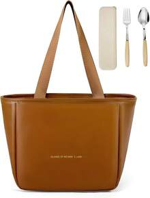 Bolsa del Almuerzo,Lonchera termica para mujeres y hombres,con 2 cubiertos (cucharas y tenedores),Adecuado para Trabajo, Campamento, Picnic, Salida - Marrón - Ver 9