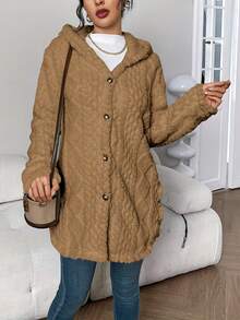 Women's Beige Fuzzy Hooded Cardigan, A Stylish & Ultra - Cozy Hot Outfit Featuring Soft Textured Fabric For Exceptional Warmth, Button - Front Design And Hooded Silhouette For Versatile Layering, Perfect For Creating Effortlessly Chic Casual Looks When Paired With Tees Or Turtlenecks In Women's Clothes | Tops For Women - 棕色 - 查看 3