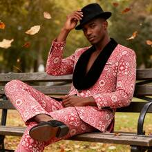 Men's Floral Dinner Party Prom Wedding Stylish Tuxedo Suits For Men One Button Dinner Jacket Pants Set - 紅色 - 查看 14
