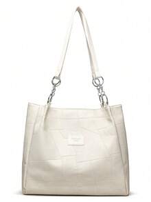 新款休闲PU皮革大容量手提包，女士时尚纯色拉链单肩包/手提包 - 米色 - 查看 6