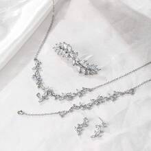 Crysdue Flower Leaf Wedding Jewelry Set Bridal Bridemaid, Cubic Zirconia Teardrop Elegant Silver/14K/Gold Plated Vine Necklace Dangle Earrings Prom Party - C_四件套銀 - 查看 2