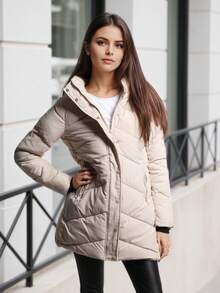 Women's Mid-Length Stylish Quilted Puffer Coat With Hood, 4 Colors Available. A Winter Wardrobe Essential. Style With Practicality. Warmth With Chic. - Beige - View 1