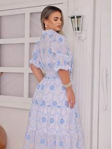 Women's Fashion Midi Dress In 3D Laise Fabric With Elastex On The Back And Button On The Front And Lining - 查看 2
