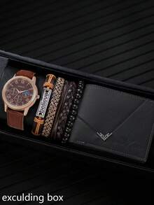 男士时尚休闲商务皮带和石英表套装 - 棕色 - 查看 9