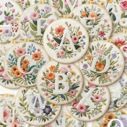 26 Alphabet Floral Cross Stitch Kit, DIY Materials (Including Embroidery Frame, Scissors, Threader, Needles & Threads), 11CT Grid 29*29cm Decorative Painting, Home Gift, Beginner Embroidery