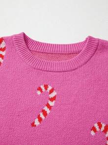 Acelitt 女士粉色圣诞糖果藤蔓假日休闲露肩宽松针织毛衣 - 彩色 - 查看 5