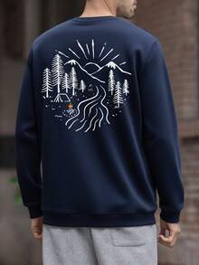 男士休闲街头风卫衣，饰以野花和露营元素的极简印花，秋冬季长袖上衣