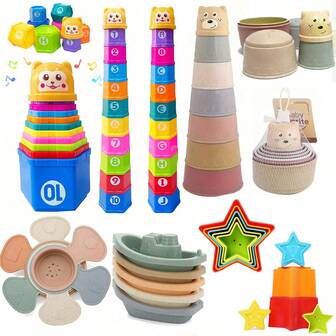 Kids Stacking Toys Baby Building Toy, Stacking Cups Pack Of 11 Stacking Tower With Numbers Letter Pattern Cartoon Bear Baby Bath Toy, Educational Toys For Children Christmas Gifts2[ Colors Are Shipped Randomly]School, Student,Stationery,School Supplies