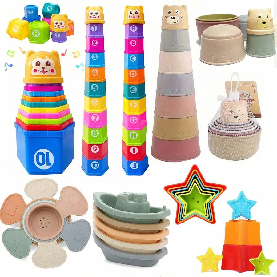 11pcs Stacking Cups Toy, Baby Building Blocks Toy With Numbered Letter Pattern Cartoon Bear, Baby Bath Toy, Children Educational Toy, Christmas Gift [Random Color]