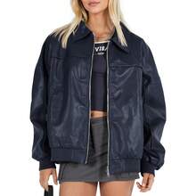 Womens Faux Leather Jackets Oversized Bomber Casual Fall Fashion Zip Up Moto Biker Coats - Dark Blue - 查看 1