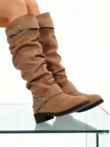 Women's Buckle Knee High Boots Slouchy Chunky Heeled Side Zipper Long Tall Boots Comfortable Fashionable Autumn Fall Boots - 咖啡棕 - 查看 2