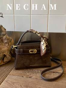 New Summer Lychee Pattern Ladies Handbag, Fashionable Shoulder Strap Decoration Adjustable Shoulder Strap Messenger Bag, Minimalist Solid Color High-End Hardware Decoration One-Shoulder Commuter Bag - Coffee - View 1