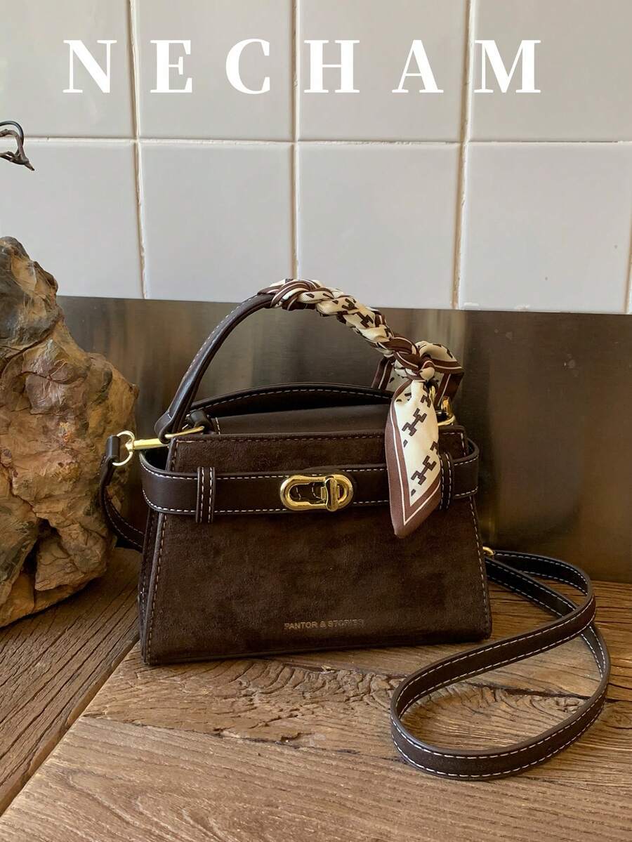 New Summer Lychee Pattern Ladies Handbag, Fashionable Shoulder Strap Decoration Adjustable Shoulder Strap Messenger Bag, Minimalist Solid Color High-End Hardware Decoration One-Shoulder Commuter Bag - Coffee - View 1