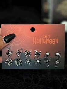 12 cercei gotici cu craniu, liliac, cruce metalică creativă, cercei cu pandantiv cu aripă de păianjen, potriviți pentru ținute de Halloween, cadou pentru prieteni