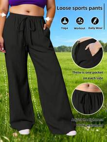 Plus Size Women Casual Soft Jogger Pants, Loose Straight Leg Workout Leggings For Running, Fitness, Yoga, Fashionable Daily Outdoor Slim Fit Pants With Pockets, Autumn/Winter - Black - View 2