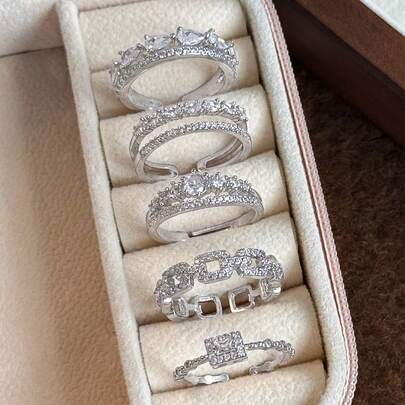 5pcs Luxury Geometric Water Drop Shaped Cubic Zirconia Adjustable Rings Set, Elegant & Sophisticated, Suitable For Banquet, Wedding (No Gift Box)