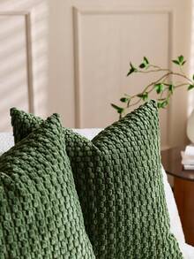 1个橄榄绿波西米亚条纹抱枕套（不含枕芯），柔软灯芯绒纯色装饰方形枕套，适合度假、沙发、卧室、床铺，四季皆宜。