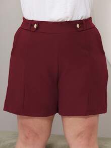 Plus Size Women's Shorts With Pockets And Buttons With Side Zipper And Elastic At The Back In Elegant Tailored Fabric - 酒紅色 - 查看 5