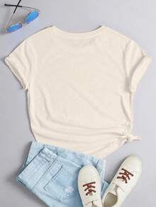 Playera estampado de moño de perlas – Elegancia y estilo casual - Beis - Ver 2
