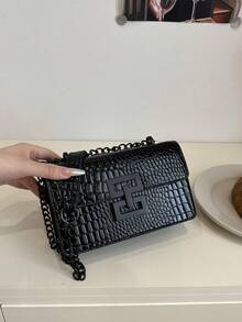A Mini Fashion Women's Retro Shoulder Bag, Metal Chain Lightweight Crossbody Bag PU, Casual Lock Square Bag, Alligator Bag, Young Girl Shopping Bag, Suitable For Women's Daily Commute - màu đen - Xem 5