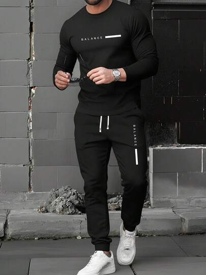 2pcs Men's Spring/Autumn Long Sleeve T-Shirt And Drawstring Waist Pants Set, Casual Outfit With Pockets, Suitable For Outdoor, Leisure, Gifts For Husband/Boyfriend