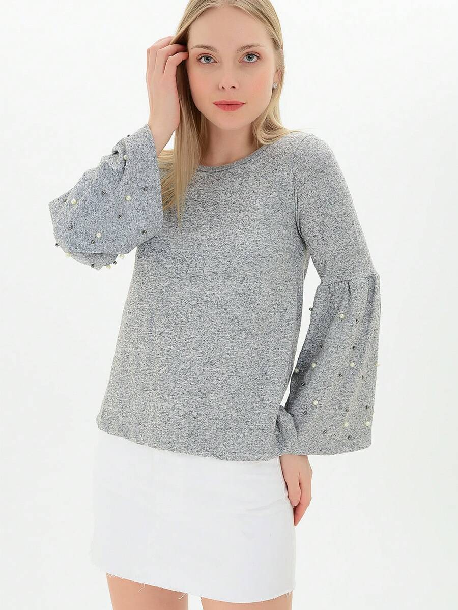 Soft, Wide-Sleeved, Flounced, Pearl-Accessed Blouse - Light Grey - View 1