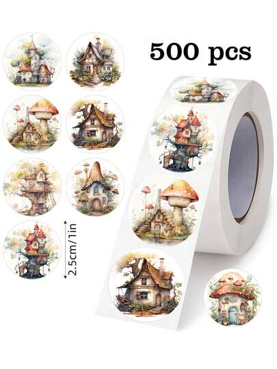 500张/卷 乡村小屋涂鸦贴纸，1英寸圆形，8种卡通图案，蘑菇屋、树屋，办公用品，学校奖励，剪贴簿，水瓶，手机壳，笔记本电脑DIY装饰，PVC防水贴纸，剪贴簿用品，文具，趣味贴纸，Kindle