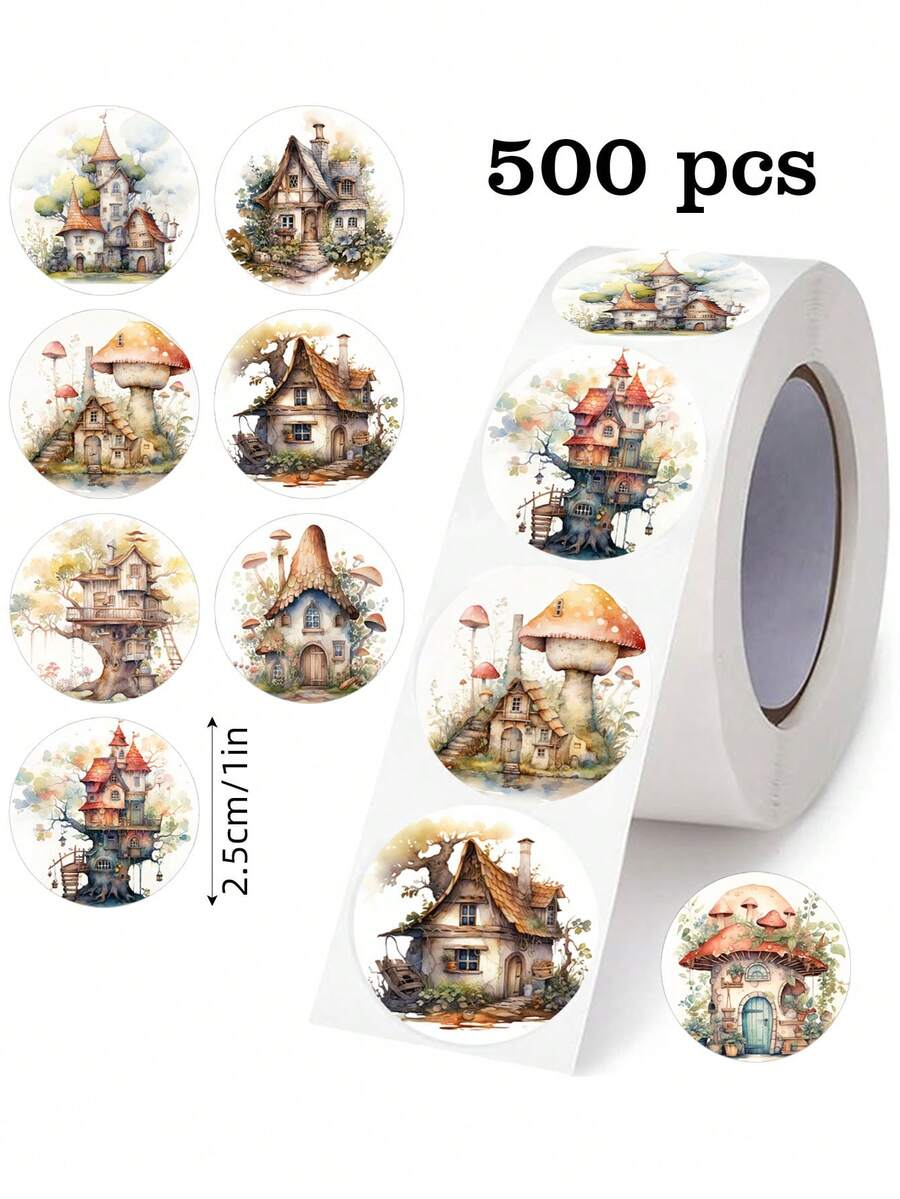500pcs/Roll Countryside Cottage Doodle Stickers, 1 Inch Round 8 Cartoon Patterns, Mushroom House, Tree House, Office Supplies, School Rewards, Scrapbooking, Water Bottles, Phone Cases, Laptops DIY Decor, PVC Waterproof Sticker - Countryside Wooden House Stickers - View 1