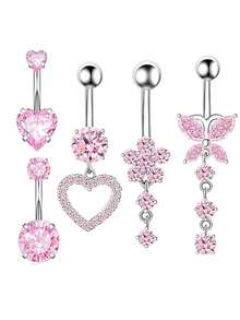 4/5/8/10pcs Body Jewelry Set, Cubic Zirconia Flower, Butterfly & Heart Decor 14G Stainless Steel Navel Piercing Rings, Suitable For Daily, Party, Holiday Gift, Beach