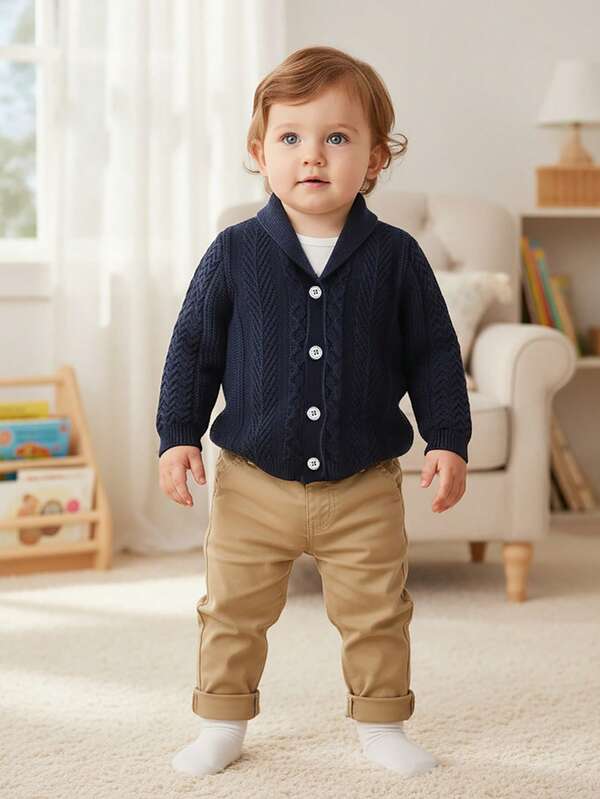 BOARNSEORL جاكيت كارديجان مُحبوكة للأولاد الرضع، ذات ياقة على شكل قصبة طويلة الأكمام باللون الأزرق الكحلي الرجعي، أزرار أمامية، مريحة وكاجوال مناسبة للخروجات اليومية وحفلات الخريف/الشتاء