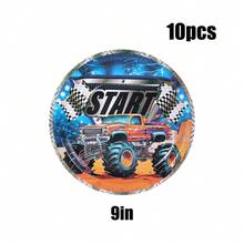 10/20/50 piezas, Juego de vajilla de cumpleaños de Monster Truck que incluye platos de papel, vasos y servilletas, platos desechables redondos de coches todoterreno, vajilla desechable de coches de carreras, platos con tema de camiones para fiestas de niños, pañuelos, vasos para decoraciones y suministros de fiestas de coches para niños