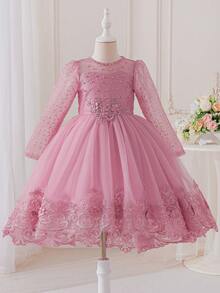 Shiny Red Princess Tulle Dress, Lace & Beaded Details, Elegant Long Sleeve Mesh Dress, Suitable For Weddings, Piano Bird Pattern, Polyester Party Gown, Wedding Guest Dress - Pink - View 3