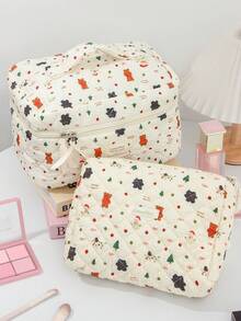 1 pieza Bolsa de maquillaje acolchada con muñeco de nieve beige para el Día de Navidad, bolsa de cosméticos con gran capacidad y cremallera, esencial para viajes y vacaciones, para toallas sanitarias, almohadillas, llaves, auriculares con cable, cargador, lápices labiales, cosméticos, perfume, organizador de brochas de maquillaje, para productos de cuidado de la piel y belleza, para mujeres, estudiantes, niñas escolares, regalo de Navidad, regalo de Año Nuevo - Beis - Ver 5