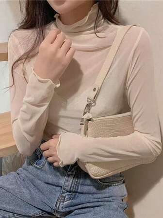 女式性感高领透明网眼上衣，长袖修身套头衫