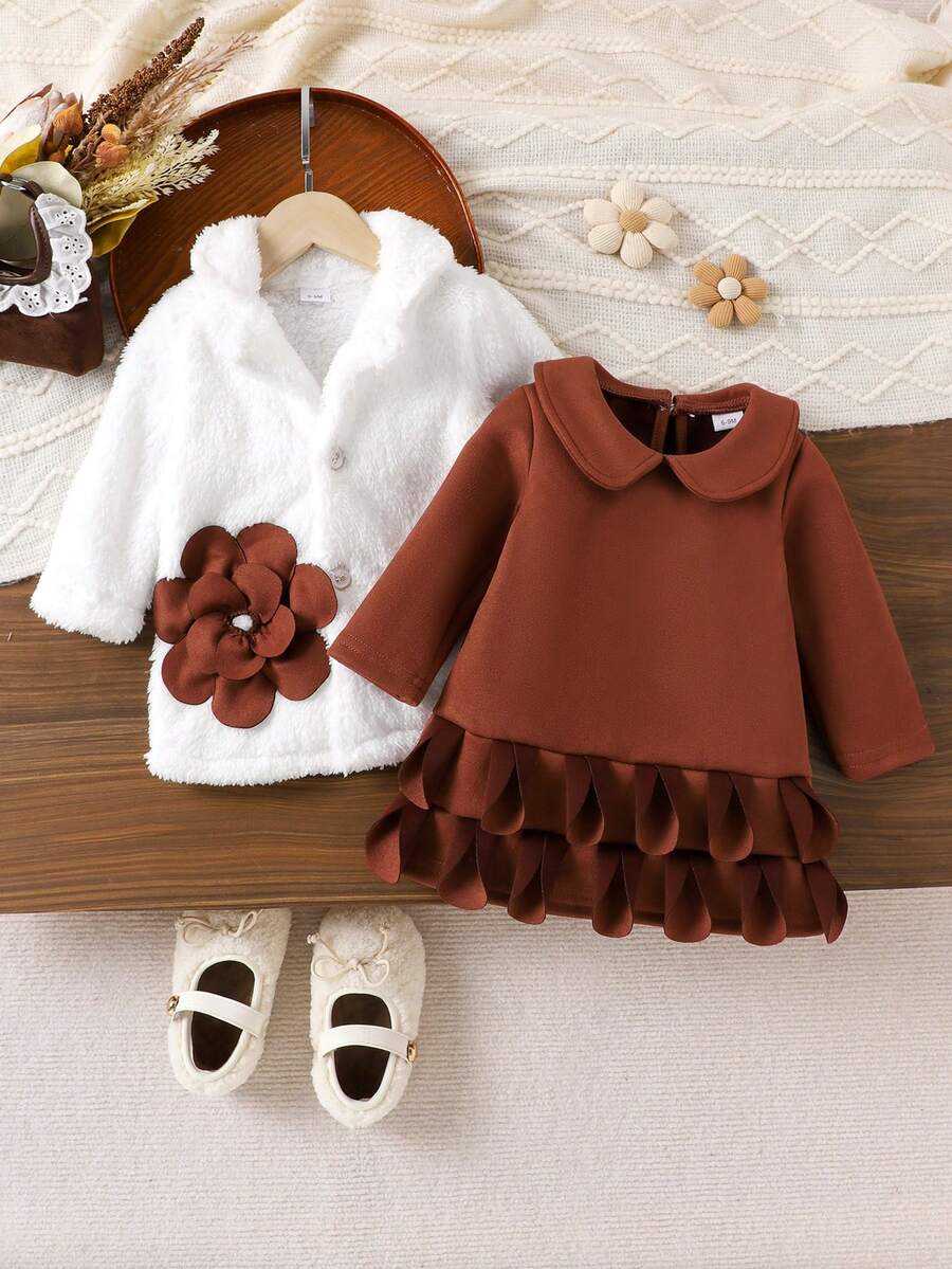 2pcs Baby Girls' Cute Thick Fleece Jacket + Dress Outfit Set, Autumn/Winter Outdoor - White - View 1