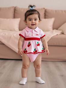 Adorable Baby Girl Fall Romper - Lapel Collar Short Sleeve Bodysuit, Bow  Cherry Embroidery Cute Outfit - Pink - View 5