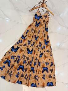 Long Dresses With 3D Multicolored Print, New Model With Tie At The Back And Bare Back - Apricot - View 3