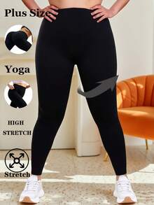 Plus Size Women's Black Leggings, Casual & Fashionable For Outdoor Sports, Fitness, Soft & Stretchy For Home, Yoga, Vacation, Shopping, Running, 7/8 Length Pants, Suitable For Holidays, Parties Spring - Black - View 1