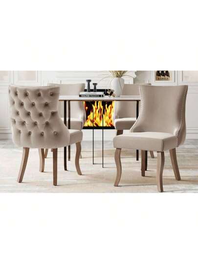 Dining Room Stoel (Living Unique Button Quilting On The Back, Pieces), Upholstered Nailhead Fluwelen Cover, Curved Solid Wood Legs, Beige (2024.1.4 Leg Replacement!!) view 2