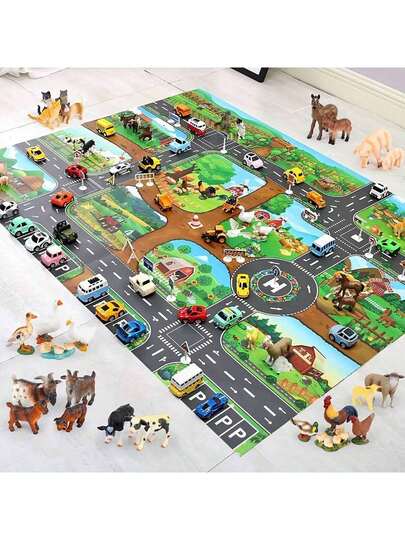 1 st. populär spelkarta - Happy Farm Traffic Parking Scenario Map, spelmatta, vattentät matta, stadstema, spelmatta för stadstrafikkarta, trafikruttkarta med flera teman (denna produkt är en karta, inte en matta. Materialet är non-woven tyg, inte polyester.)