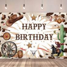 1件西部牛仔生日横幅，印有“生日快乐”字样，设计有牛仔帽、仙人掌、马和星星，适合生日派对、牛仔主题生日、蛋糕桌装饰、礼品包装、家居花园和客厅装饰、室内外派对装饰、生日派对用品。 - 彩色 - 查看 2